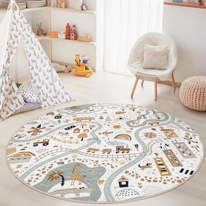 Alfombra infantil redonda con diseño de naturaleza caprichosa, diseño de mapa divertido, alfombra redonda para habitación infantil, decoración infantil, tapete de juego suave, alfombra de aventuras