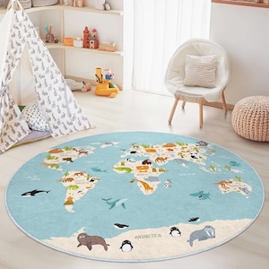 Bunter Teppich mit Tierweltkarte, runder Kinderzimmerteppich, Spielmatte zum Lernen, Kinderzimmerdekor, weicher und gemütlicher Teppich
