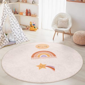Cute Rainbow and Star Round Kids Rug, Soft Playroom Carpet, Nursery Decor, Children&#39;s Room Rug, Colorful Floor Mat