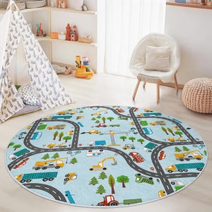 Baustellenfahrzeug Runder Kinderspielteppich, Bunter Straßenkartenteppich, weiche Spielmatte für Kinderzimmer, Kinderzimmerdekor, interaktives Lernen