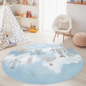 Hot Air Balloon Kids Round Rug, Nursery Room Decor, Soft Play Mat for Children, Cute Cartoon Rug, Baby Room Flooring