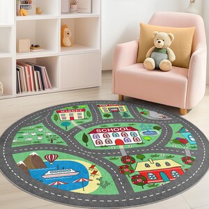 Bunter Stadtplan Runder Kinderteppich, Verspielter Bereich für Kinder, Weiche Spielmatte, Kinderzimmerdekor, Interaktiver Lernteppich