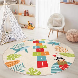 Underwater Adventure Round Kids Play Rug, Shark Hopscotch Play Mat, Ocean Theme Rug, Nursery Decor, Soft Playroom Carpet