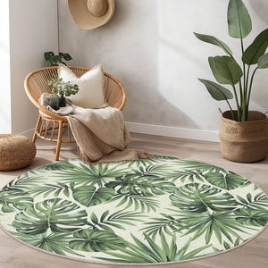 Tappeto rotondo con foglie tropicali, design botanico verde, tappeto rotondo moderno per soggiorno, arredamento boho, tappeto rotondo per interni