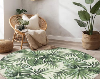 Tropical Leaves Round Area Rug, Green Botanical Indoor Carpet