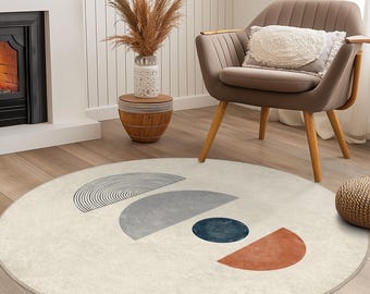 Modern Geometric Round Area Rug, Minimalist Circle Carpet, Decorative Living Room Rug, Soft Round Rug for Home Decor