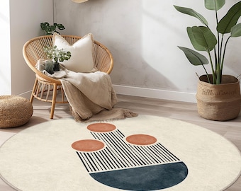 Abstract Round Area Rug, Modern Circle Carpet, Bohemian Round Rug, Geometric Home Decor, Living Room Rug, Unique Floor Mat