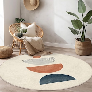 Boho Circle Area Rug, Geometric Round Rug for Living Room, Modern Bohemian Floor Mat, Stylish Decor Rug, Soft and Cozy Carpet