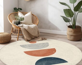 Boho Circle Area Rug, Geometric Round Rug for Living Room, Modern Bohemian Floor Mat, Stylish Decor Rug, Soft and Cozy Carpet
