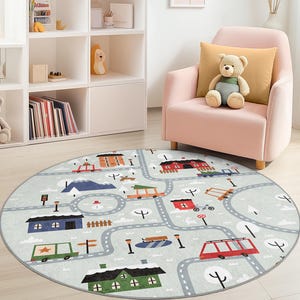 Rond vloerkleed met wegenkaart, kleurrijke speelmat voor kinderen, zacht kinderkamerdecor, interactieve speelmat voor speelkamer
