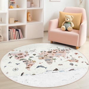 Weltkarte Tier Kunst runden Teppich, Kinderzimmer Dekor, Verspielte Tier Teppich, Kinder Teppich, Kinder Teppiche