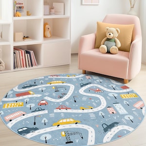 Kleurrijke wegenkaart rond kinderkleed, speels rond tapijt voor kinderkamer, zacht kinderkamerdecor, interactieve speelmat