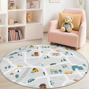 Speelse wegenkaart rond kindertapijt, interactieve speelmat voor kinderkamer, zachte kinderkamerinrichting, tapijt voor kinderkamer