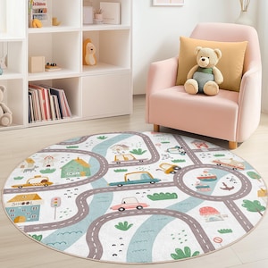 Tapis rond pour enfants, carte routière ludique, tapis interactif sur le thème des voitures, tapis de jeu doux pour chambre d'enfant, décoration de chambre d'enfant, tapis d'activités amusantes