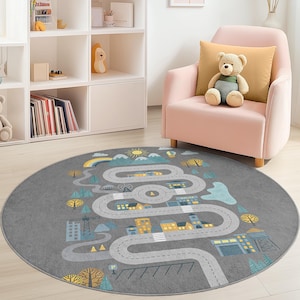 Kleurrijke wegenkaart rond kindertapijt, interactieve speelmat voor kinderkamer, zachte kinderkamerinrichting, vloerkleed speelkamer