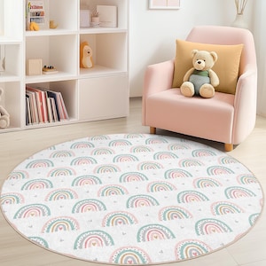 Colorful Rainbow Pattern Round Kids Rug, Soft Play Mat for Kids Room, Nursery Decor, Playroom Carpet, Baby Room Rug