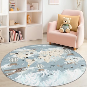 Weltkarte Abenteuer Runder Kinderteppich, Flugzeug und Heißluftballon-Design, Weicher Kinderzimmerteppich, Spielzimmerdekor, Lernspielmatte