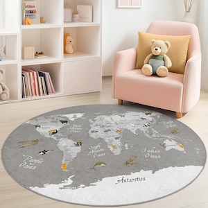 Weltkarte Tierteppich, runder Kinderspielteppich, lernfähiger Kinderteppich, Tierthema Teppich, Kinderzimmerdekor, Spielzimmerteppich