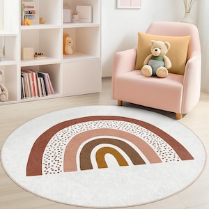 Rainbow Pattern Round Kids Rug, Soft Nursery Carpet, Playroom Decor, Colorful Round Rug for Children, Rainbow Theme Rug