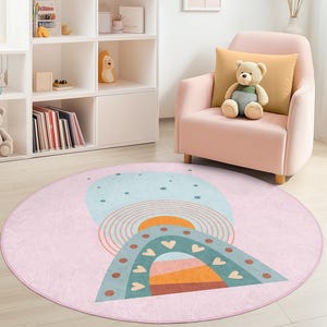 Rainbow Heart Circle Kids Rug, Colorful Round Play Mat, Cute Nursery Decor, Kids Room Carpet, Soft Playroom Rug