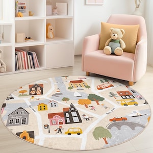Stadsplattegrond speels rond kinderkleed, interactieve speelmat voor kinderkamer, zachte kinderkamerinrichting, kindvriendelijk tapijt