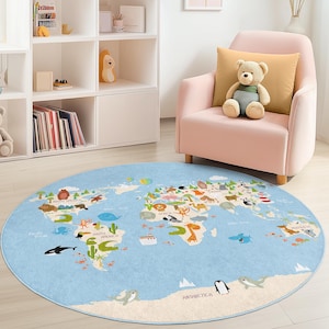 Bunte Weltkarte Kinder runden Teppich, pädagogisch wertvolle Spielmatte, Kinderzimmer Dekor, weicher runder Teppich für Kinderzimmer, Tierthema Teppich