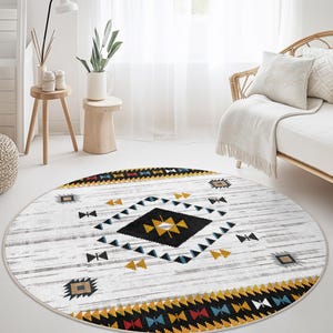 Bohemian Round Area Rug with Geometric Patterns, Soft Circle Rug for Living Room, Stylish Round Carpet for Home Decor