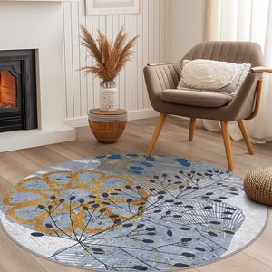 Floral Round Area Rug, Elegant Round Carpet for Living Room, Modern Botanical Design, Soft Round Rug for Home Decor