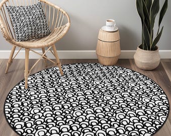Geometric Round Area Rug, Modern Black and White Carpet