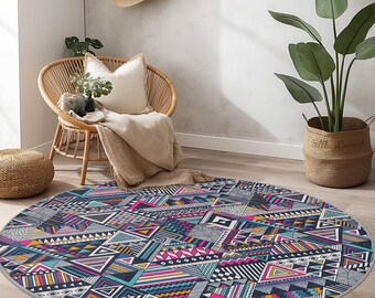 Alfombra redonda geométrica, estampado boho colorido