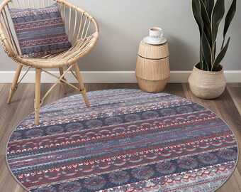 Geometric Pattern Round Area Rug, Vintage Style Round Carpet, Boho Chic Home Decor, Soft Round Rug for Living Room
