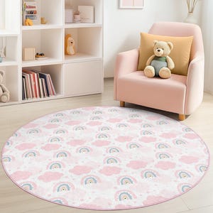 Charming Rainbow Cloud Round Kids Rug, Soft Nursery Carpet, Playroom Decor, Pastel Rainbow Area Rug, Baby Room Flooring