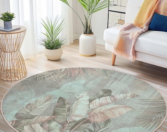 Tropical Leaves Round Area Rug, Botanical Circle Rug, Green Leaf Round Carpet, Bohemian Home Decor, Living Room Floor Mat