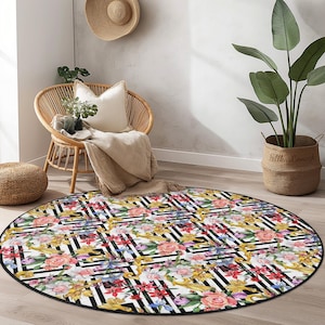 Elegant Floral Round Area Rug, Vintage Style Floral Rug, Round Living Room Rug, Bohemian Decor, Chic Home Carpet