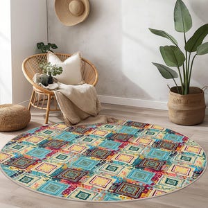 Colorful Geometric Round Area Rug, Vibrant Circular Carpet, Bohemian Decor, Soft Living Room Rug, Multi-Color Round Rug