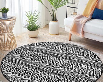 ボヘミアンスタイル ラグ 白黒 幾何学模様 ボヘミアン風の白黒ラウンドラグ | トライバル幾何学模様カーペット