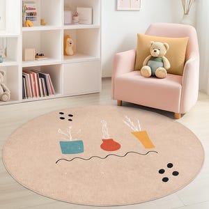 Colorful Round Kids Rug with Plant Design, Soft Nursery Carpet, Playroom Decor, Round Floral Rug, Children Room Mat