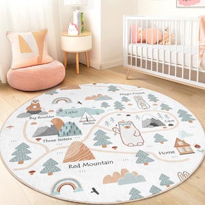 Rond kinderspeelkleed Magic Forest, avonturenkaart kindertapijt, rond tapijt voor kinderkamer, decoratie kinderkamer, interactieve speelmat