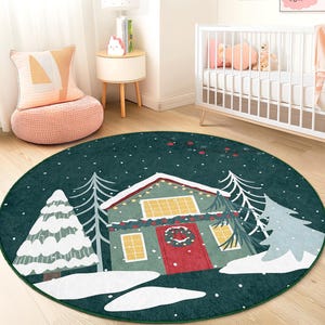 Winter Wonderland Round Kids Rug, Christmas Tree Decor Rug, Holiday Themed Play Mat, Cozy Nursery Rug, Festive Kids Room Carpet