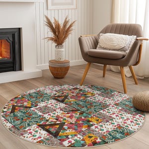 Colorful Geometric Round Area Rug, Vibrant Patterned Circle Carpet for Living Room, Bohemian Decor, Soft Round Rug for Home