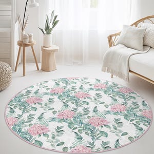 Runder Teppich mit Blumenmuster, runder Teppich mit rosa Blume, Teppich mit botanischem Druck für Wohnzimmer, weicher runder Teppich für Wohnkultur