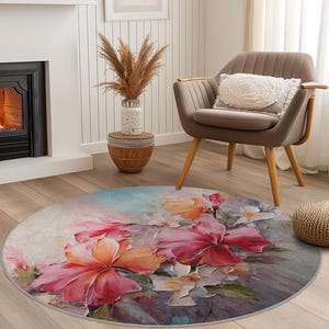 Tappeto rotondo floreale vibrante, tappeto a fiori colorati per il soggiorno, tappeto rotondo per la camera da letto, tappeto floreale decorativo, arredamento accogliente per la casa
