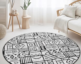 Geometric Round Area Rug, Modern Black and White Floor Mat