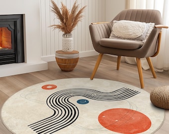Abstract Geometric Round Area Rug, Modern Circular Carpet, Soft Minimalist Rug for Living Room, Contemporary Home Decor