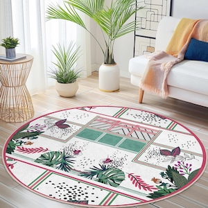 Alfombra redonda con diseño floral vibrante, estilo bohemio chic, elegante para sala de estar, dormitorio o habitación infantil.