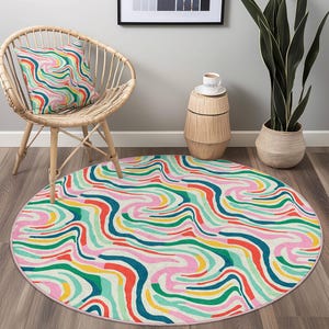 Colorful Abstract Round Area Rug, Modern Swirl Design, Bohemian Circle Rug for Living Room, Bedroom, Home Decor