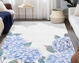 Blue Hydrangea Floral Area Rug, Elegant Living Room Decor