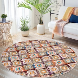 Geometric Pattern Round Area Rug, Colorful Circle Carpet, Soft Floor Decor, Living Room Rug, Stylish Round Rug, Bohemian Home Decor