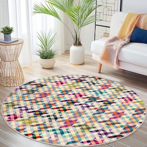 Colorful Geometric Round Area Rug, Modern Round Carpet for Living Room, Unique Decor for Home, Chic Round Rug for Any Space