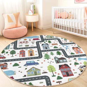 Speelse ronde stadsplattegrond kindertapijt, interactieve speelmat voor kinderkamer, zacht tapijt voor speelkamer, decoratie kinderkamer, gezellige woonaccessoires